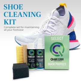 QuickCare Shoe Cleaning Kit, All-in-One Cleaning Shoes for Sneakers, 4 oz Water & Stain Protector for Shoes, Hats & Jackets, 4 oz Shoe Cleaner & Conditioner for Lasting Care, Includes Brush & Sponge