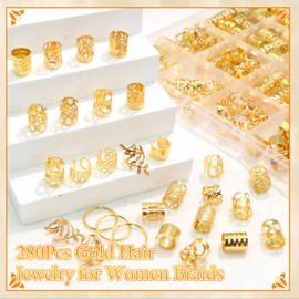 NAISKA 280PCS Gold Hair Jewelry for Braids Metal Loc Dreadlocks Accessories Braid Clips Rings Hair Cuffs Beads Multiple Adjustable Loc Jewelry Braids Extensions Decorations Kits for Women and Men