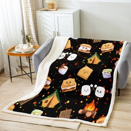 Cute Marshmallow Fleece Throw Blanket Throw 50"x60" Cute S'Mores Cookie Plush Blanket for Bed Sofa Couch Boys Happy Camping Sherpa Blanket Outdoor Adventure Fuzzy Blanket