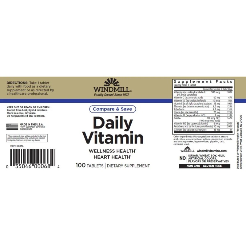 Daily Vitamin Multivitaminico 100 Tabs Windmill Es Sin Sabor