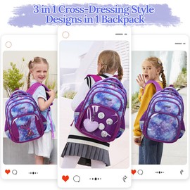 Cusangel Kids Purple Mermaid Backpack for Girls,Clear Pocket Premium Badge-Decorated Stationery Collection Elementary Kindergarten Preschool School Bookbag 15.5”Multifunctional Cute Large Capacity