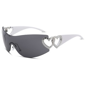 COASION Wrap Around 2000S Rimless Sunglasses for Women Men Oversized Trendy Sun Glasses Visor Shield Shades (White/Gray)