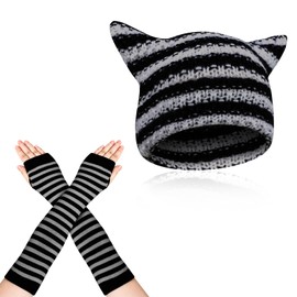 GSrenyu Women's Cat Hat with Striped Arm Warmers,Crochet Cat Beanie with Ears,Knitted Winter Warm Cap with Long Fingerless Gloves,Cute Funny Hat Arm Sleeves Set for Women Girls(Black+Grey)
