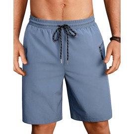 Board Shorts Mens Quick Dry Swim Trunks 9 Inch Men's Zipper Pockets Long Bathing Suit for Men Swimwear Surf No Liner Blue Grey