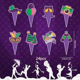 48 PCS Mardi Gras Cupcake Toppers and Wrappers, Masquerade Masks Camera Balloons Cheer Up Patterns Mardi Gras Party Cupcake Decorations for Women Men Bachelorette Birthday Baby Shower Carnival Supplie