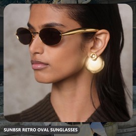 SUNBSR Retro Oval Sunglasses for Women Men 70s Trendy Sardine Sun Glasses Gold Metal Frame Shades UV400 Protection (Grey+Brown)