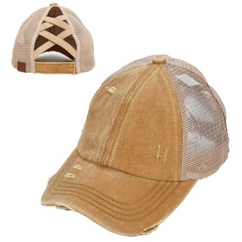 Funky Junque Criss Cross Hat Womens Baseball Cap Distressed Ponytail Messy Bun Trucker Ponycap, Beige Mesh - Rust (Distressed), One Size
