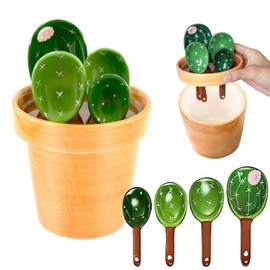 BigNoseDeer Ceramic Cactus Measuring Cups and Spoons Set Organizer, Cute 4 Size Measuring Spoons Set for Kitchen Housewarming Gifts New Home Gifts for Women