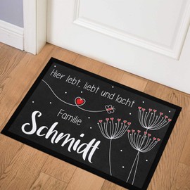 SpecialMe® Doormat with Name Dandelions Here Lives Loves and Laughs Family [Family Name] Non-Slip & Washable White 60 x 40 cm