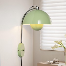 COSYLUX Modern Sleek Plug in Wall Sconce, Hardwired & Corded 2in1 Design Metal Wall Light Fixtures for Bedroom Bedside Reading, Mid-Century Flower Bud Wireless Wall Sconces with Switch,Pastel Green