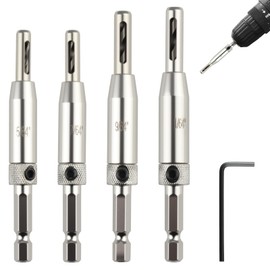 AHRLIC 4PCS Self-Centering Hinge Drill Bit Set, 5/64"-11/64", Woodworking Pilot Hole Opener for Door & Window, Hex Shank Drill Bits with Wrench, Anti-Clog Chip Removal for Precision Drilling