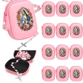 Quelay 12 Set Rosary Beads Catholic for Women Pink Rosary Pearl Beads with Classic Cross Virgin Mary Zippered Prayer Box First Communion Gift Baptism Confirmation Jewelry