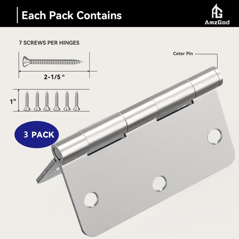 AmzGod Door Hinges Brushed Nickel - 3 Pack 3.5 Inch