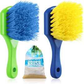 Remerry 2 Pcs Beach Sand Remover Brush with Drawstring Bag, Beach Accessories Scrub Brushes for CleaningSoft Bristle Brush for Summer Vacation Water Sports Volleyball Party (Blue and Yellow)
