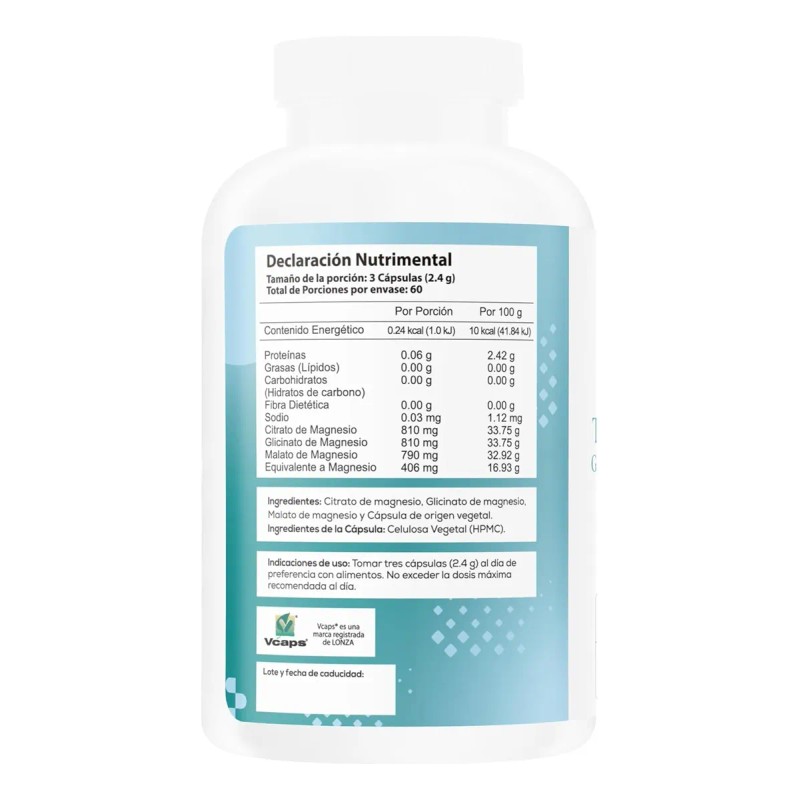 Triple Magnesium 180 Cpsulas Veganas Citrato Glicinato Malato Suplemento Alimenticio