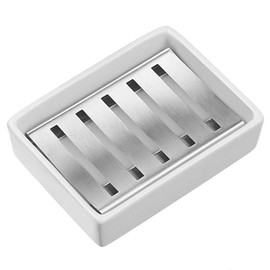 BUYGOO Soap Dish Tray, Ceramic Soap Dish, Stainless Steel Soap Holder for Bathroom and Shower, Stainless Steel Soap Bar Holder Box, Double Layer Draining Soap Container Box for Bathroom