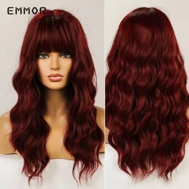 Emmor Moda Larga Ondulada Vino Pelucas Rojas Con Flequillo For