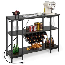 COSTWAY Wine Bar Cabinet, 3-Tier Home Mini Bar for Liquor w/Power Outlets, Glass Holder, Wine Rack, Anti-Tipping Kit, Metal Coffee Bar Table for Home Apartment Kitchen Living Room Pub (Black & Grey)