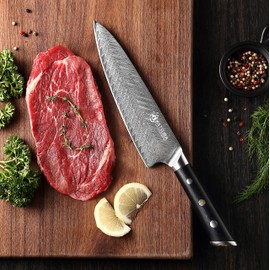 KATSURA Gyuto Chef Knife – 8 Inch – 50mm Ultra wide blade – Japanese Premium AUS 10, 67 Layers Damascus Steel Knife – Thunder-X Series – Chefs Choice G10 handle