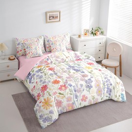 Erosebridal 7 Piece Colorful Floral Full Comforter Set with Sheets,Purple Pink Cute Boho Flower Bedding Set for Kids Girls Women,Funky Watercolor Wildflower Bed in a Bag with Pillowcases & Shams