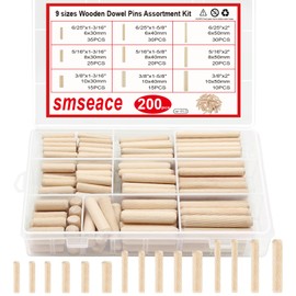 smseace Wooden Dowel Pins with Tapered End with Bevel Angle Groove Wood Pegs - 9 Sizes 6/25inch 5/16inch 3/8inch(6mm, 8mm, 10mm) Used for Crafts, Furniture, Door, DIY