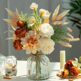 LESING Dahlia Aritificial Flower with Vase Fake Silk Flowers in Glass Vase Faux Rose Flowers Arrangement for Home Office Table Centerpiece Decoration (Champagne)