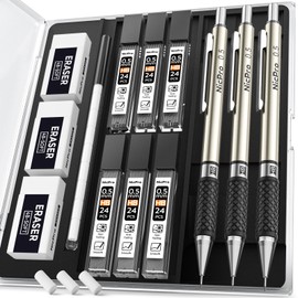 Nicpro 0.5 mm Art Mechanical Pencil Set in Storage Case, 3 PCS Metal Drafting Pencil Lead Pencil with 6 Tube HB Refills, 3 Erasers, 9 PCS Eraser Refills for Artist Writing, Drawing, Sketching
