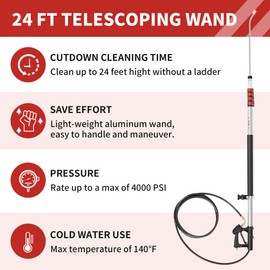 24 FT Telescoping Pressure Washer Wand - Turbo Nozzle Attachment Power Washer Extension Wands with 5 Spray Nozzle Tips, 2 Hose Adapters & Support Belt