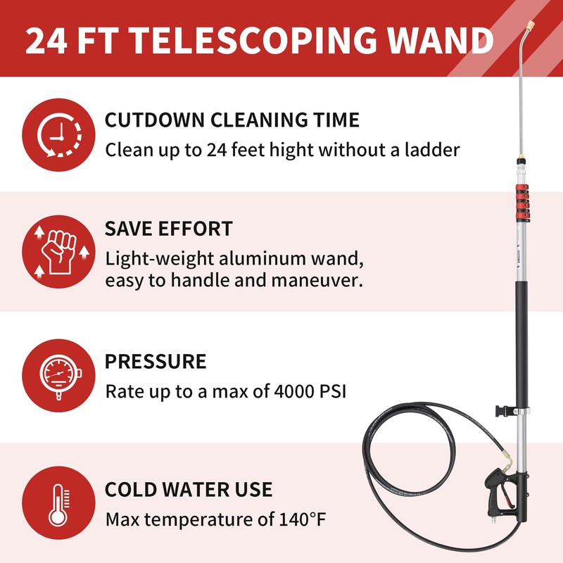24 FT Telescoping Pressure Washer Wand - Turbo Nozzle Attachment