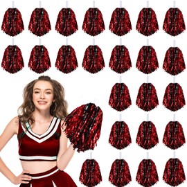 24 Pcs Pom Poms Cheerleading Cheerleader Pom Poms Spirited Cheer Pom Poms Cheerleader Pom Poms Baton Handle Metallic Foil Fun Pom Poms for Sports Team Party Dance Cheering (Black, Red)