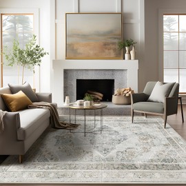 Phantoscope Vintage Collection Area Rug 5'x7' – Washable Low-Pile Rugs with Distressed Neutral Medallion Pattern, Non-Slip Boho Carpet for Living Room, Bedroom, Dining Room, Silver Grey/Taupe