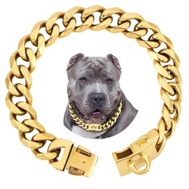 BAOBOTE 19mm Gold Chain Dog Collar, Luxurious Cuban Link With Secure Snap Buckle for Large Pitbulls (22")