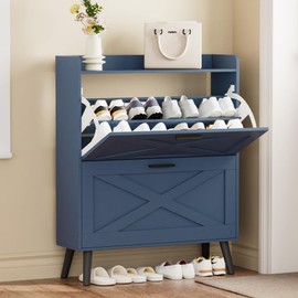Homleke 32" W Farmhouse Shoe Storage Cabinet with 2 Flip Drawers and Barn Door Design, Adjustable Shelves, Modern Hidden Slim Narrow Shoe Rack Cabinet for Entryway, Foyer, Hallway, Living Room, Blue