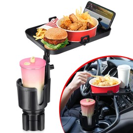 Anonemoto 2 in 1 Cup Holder Expander with Detachable Food Tray, 360° Rotatable Car Cup Holder Tray for Travel Road Essentials, Compatible with Yeti 20/26/30oz Hydro Flasks