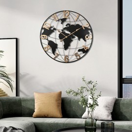LJLB Elegant 36 Inch Black Metal Wall Clock with Vintage Gold Numerals and World Map Design, Modern Decorative Piece for Home