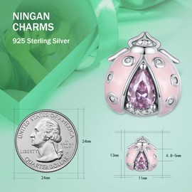 NINGAN 925 Sterling Silver Pink ladybird Beads Shiny Zircon Charm for Women Bracelets Gifts for Children Family Friends