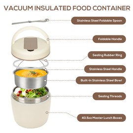 Cozary Thermos per Alimenti Caldi 1200 ml, Contenitore Termico per Alimenti Caldi in 304 Acciaio Inox, Lunch Box Termico con Cucchiaio Pieghevole per Zuppa, Pasta