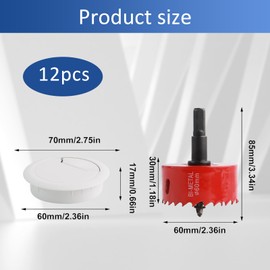 Cable Grommet Desk Diameter 60 mm, Desk Grommet, Pack of 8 White Plastic with a Red Bi-Metal Hole Saw, Cable Passage Table for More Order and Overview in the Workplace