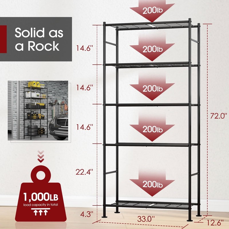 Sakugi Storage Shelves - 5 Tier Shelf Organizer, Heavy Duty