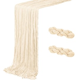 DROMCOM Pack of 2 90 x 300 cm Beige Cheesecloth Table Runner Long Rustic Gauze Table Runner, Romantic Semi-Transparent Fabric Table Runner Boho for Wedding Decoration, Birthday Party