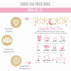 Paper Clever Party Twinkle Little Star Baby Shower Games for Girls, Who Knows The Mommy Best Guess The Price Right, Pink and Gold, Double Sided Cards, 5x7, 25 Each