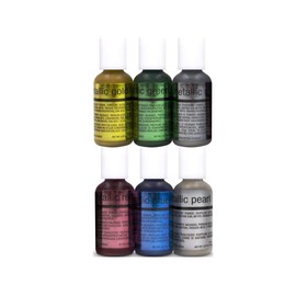 Chefmaster 6 Bottles of Airbrush Food Color, Each 0.67 Ounce: Metallic Gold, Metallic Green, Metallic Silver, Metallic Pearl, Metallic Blue and Metallic Red