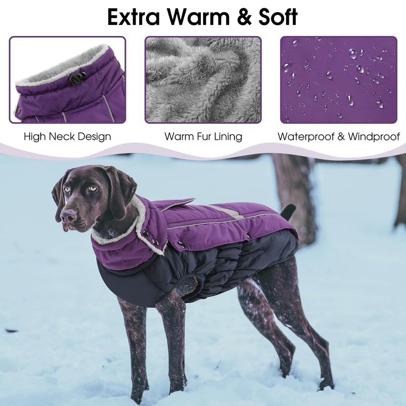 Queenmore Warm Fleece Dog Jacket, Cold Weather Waterproof Snowsuit, Reflective