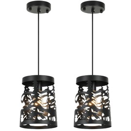 Merexcint 2 Pack Rustic Pendant Lights with Bear and Deer Design, 1-Light Black Round E26 Base Cage Metal Fixture Adjustable Hanging Height for Kitchen Island, Hallway, Dining Room, Foyer, Bedroom