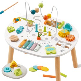 Giant bean Wooden Activity Table for 1 Year Old, 11-in-1 Montessori Learning Table with Bead Maze, Shape Sorter, Fishing Game & More – Sensory Development Toy for Toddlers, Ideal 1st Birthday Gift