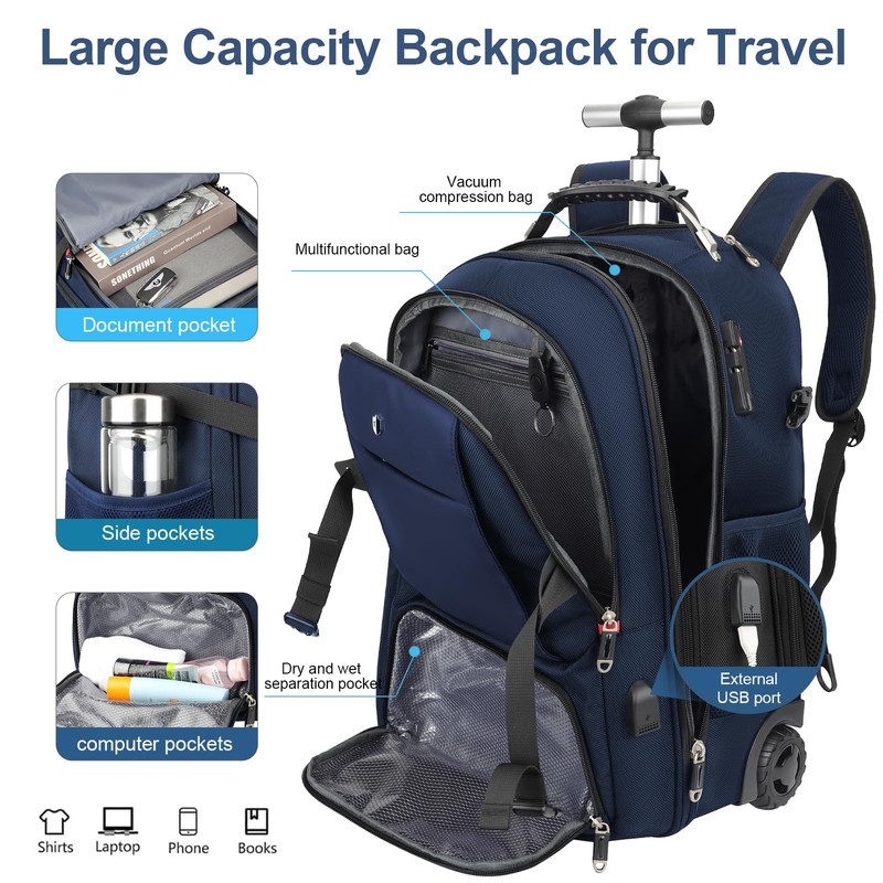 SWICKY RICOOI Backpack with wheels,rolling backpack with 2 Packing Cubes
