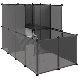vidaXL Black Small Animal Cage: Spacious and Secure Enclosure with Platform and Ladder, Made of Durable PP & Steel, Ideal for Rabbits, Guinea Pigs, Kittens, 55.9" x 29.1" x 36.6"