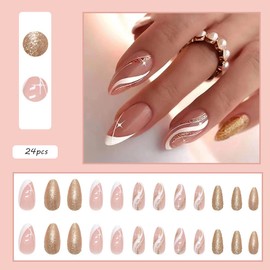 24 Pcs Press on Nails Medium, Almond False Nails French Tip Fake Nails Sliver Glitter Stripe Star Design Glossy Blue Acrylic Nails Full Cover Glue on Nails for Women Girls Manicure Decorations