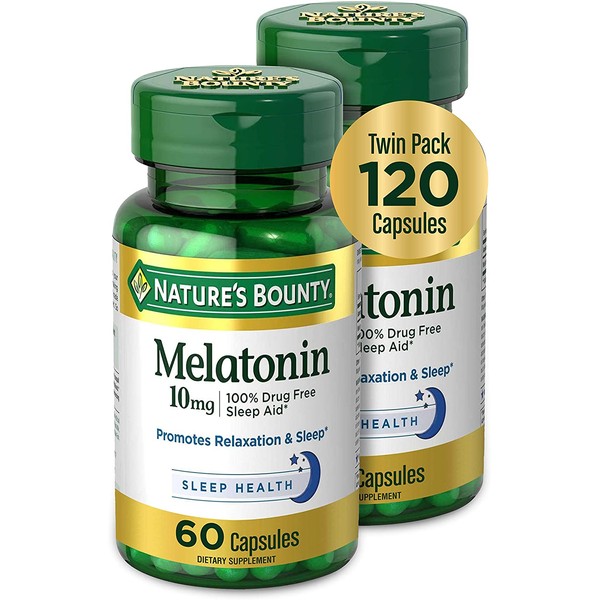 Melatonin by Nature's Bounty, 100% Drug Free Sleep Aid, Dietary Supplement, Promotes Relaxation and Sleep Health, 10mg, 60 Capsules (Pack of 2)