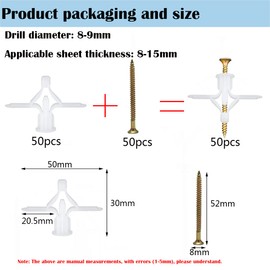 Gypsum Board Wall Plug, CTRICALVER Gypsum Board Wall Plug Extension Tube Plastic Anchor, White Aircraft Type Heavy Plaster Board Cavity Wall Fixture (50Anchor + 50Screw)